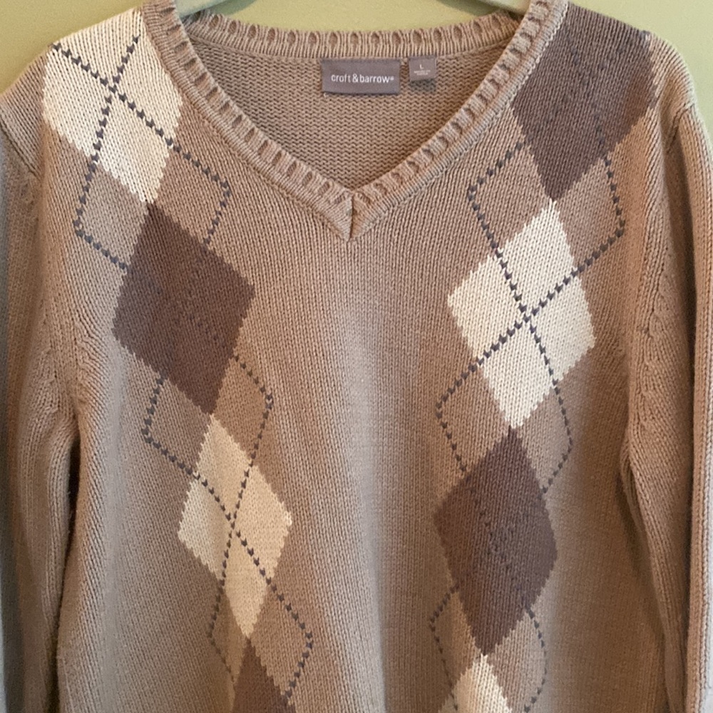 Vintage Argyle Neutral Tone Pullover V Neck Jumper Sweater